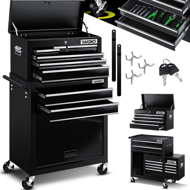 Masko - Werkstattwagen inkl. Koffer, 9 Fächer abschließbar, Werkzeug-Wagen ohne Werkzeug, Rollwagen zur Werkzeugaufbewahrung mit Schloss, Schwarz