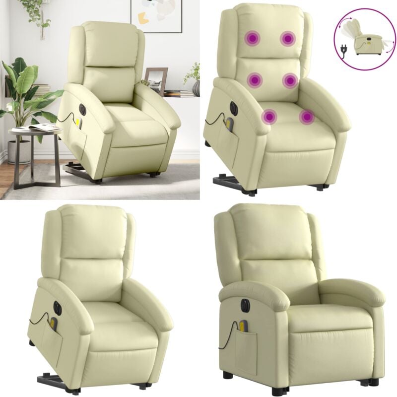 Massagesessel mit Aufstehhilfe Elektrisch Creme Echtleder - Elektrischer Massagesessel - Massage Sessel - Recamiere - Fernsehsessel - Ledersessel