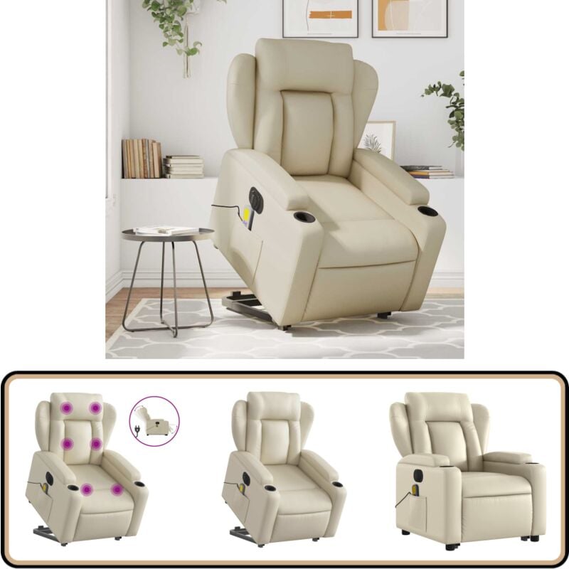 Massagesessel mit Aufstehhilfe Elektrisch Creme Kunstleder - Elektrischer Massagesessel - Relaxsessel - Fernsehsessel - Aufstehhilfe - Elektrische