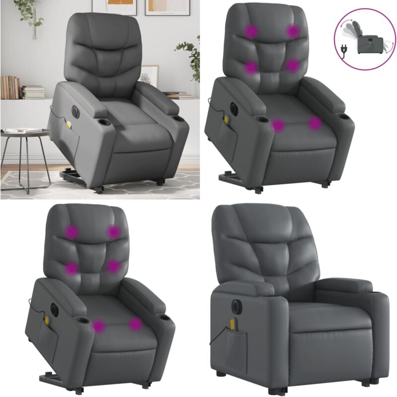 Vidaxl - Massagesessel mit Aufstehhilfe Elektrisch Grau Kunstleder - Elektrischer Massagesessel - Relaxsessel - Fernsehsessel - Beistelltisch
