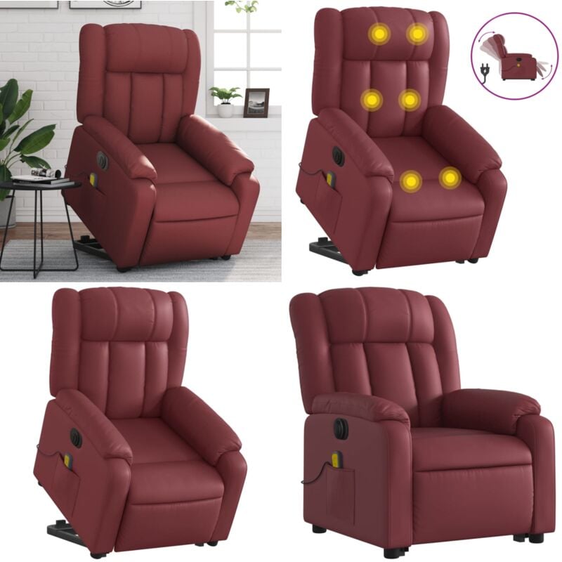 Massagesessel mit Aufstehhilfe Elektrisch Weinrot Kunstleder - Elektrischer Massagesessel - Relaxsessel - Fernsehsessel - Bequeme Lounge Möbel