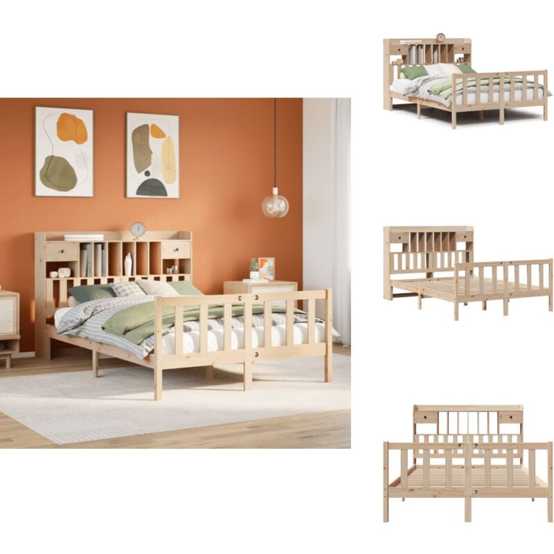 Massivholzbett mit Regal ohne Matratze 140x200 cm Kiefernholz - Bett Mit Regal - Bett Mit Bücherregal - Holzbett Mit Regal - Holzbett Mit Bücherregal