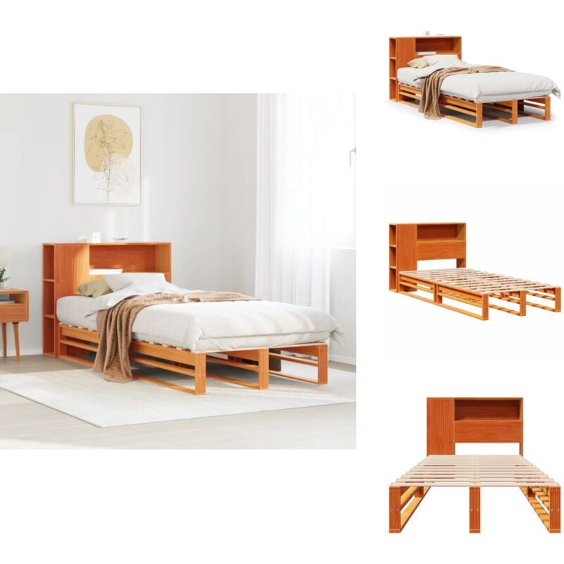 Massivholzbett mit Regal ohne Matratze Wachsbraun 100x200 cm - Bett Mit Regal - Bett Mit Bücherregal - Holzbett Mit Regal - Holzbett Mit Bücherregal