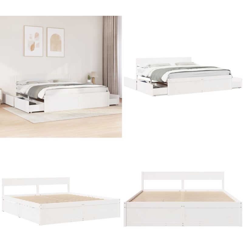 Massivholzbett ohne Matratze Weiß 200x200 cm Kiefernholz - Massivholzbette - Kiefernholzbette - Doppelbett - Weißes Bett - Bett Mit Schubladen - Home