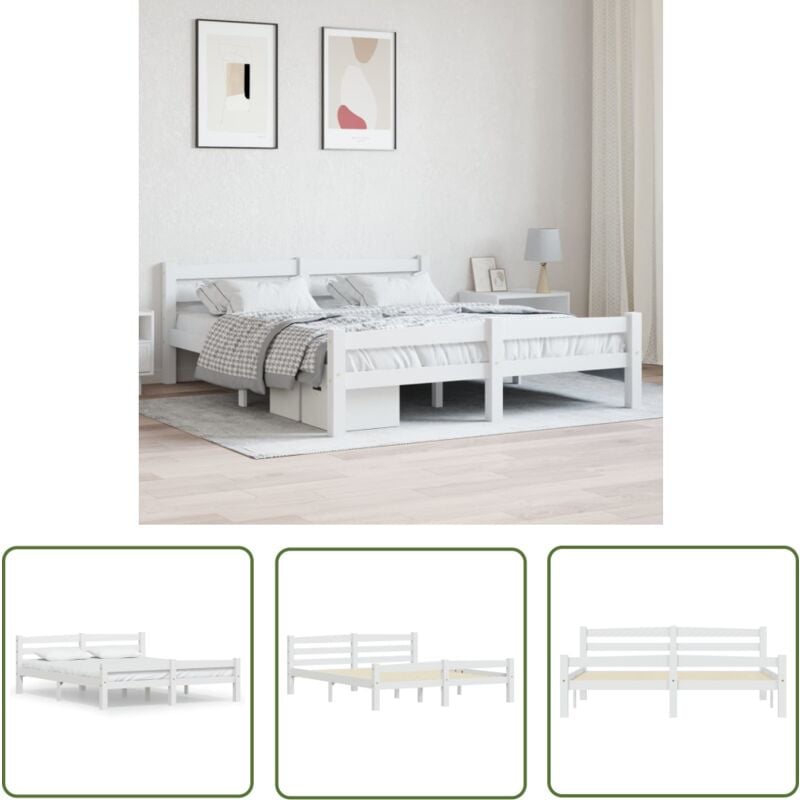 The Living Store Massivholzbett Weiß Kiefer 160x200 cm - Holzbettrahmen - Kiefernbett - Doppelbett - Weißes Bett - Modernes Bett