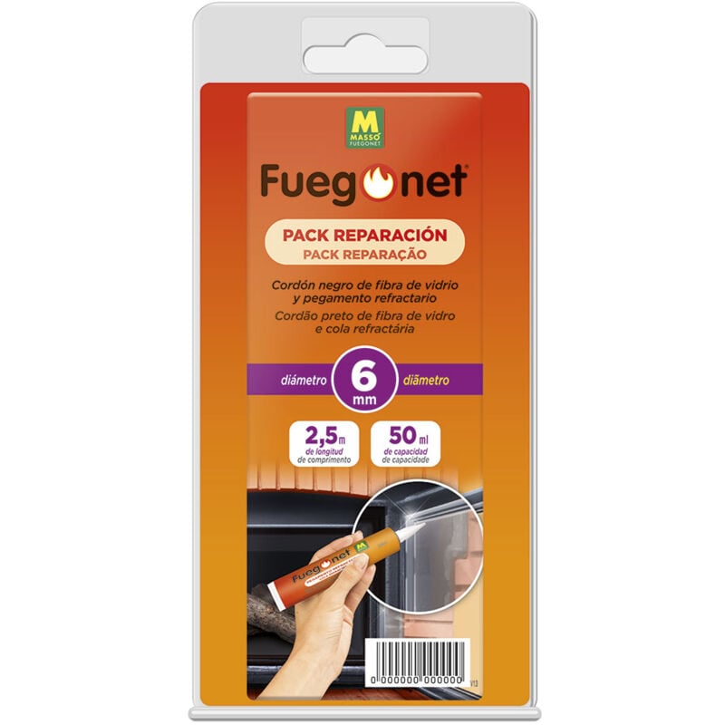 Fuego Net - Fuegonet -Reparaturpack mit Isolierkabel und Klebstoff. Reparieren Sie Schornsteine, Einstze, Йfen und Kessel. 6 mm x 2,5 m + ahesiv 50 ml