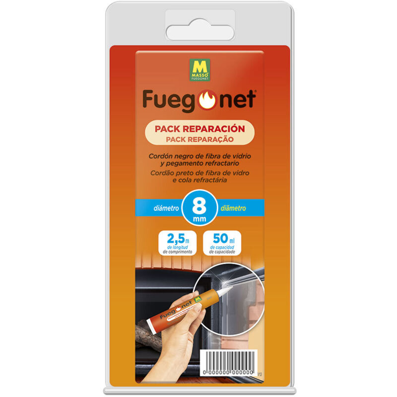 Fuego Net - Fuegonet -Reparaturpack mit Isolierkabel und Klebstoff. Reparieren Sie Schornsteine, Einstze, Йfen und Kessel. 8 mm x 2,5 m + ahesiv 50 ml