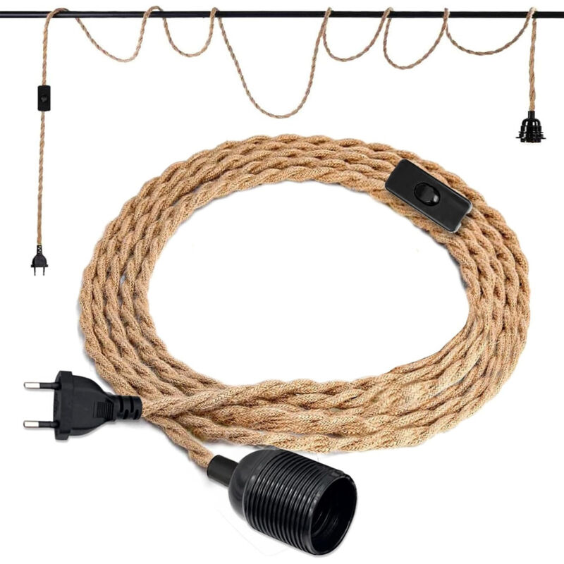 4,5 Meter Hanfseil-Kronleuchter – Einflammige Hängeleuchte mit E27-Fassung, Vintage-Hanfseil-Kronleuchter mit Schalter, DIY-Pendelleuchte für
