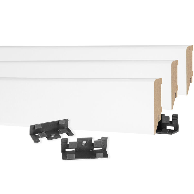 Mdf Sockelleiste 2,4 Meter 19x70mm Fußleiste Sockelprofil Bodenleiste weiß MS7019: Montage Clip MK3 - 20 Stk, Clips / Muster