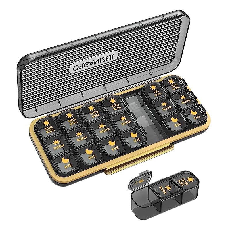 Medikamenten-Organizer, 7 Tage, 21 Fächer, Kunststoff, herausnehmbare Behälter, 8,83,71,2 Zoll, Schwarz