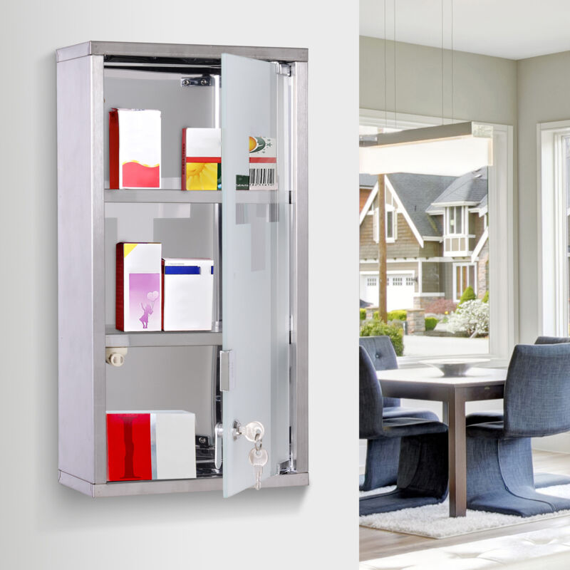 Medikamentenschrank, Arzneischrank mit 3 Fächern, Hausapotheke aus Edelstahl, 25x12x48 cm