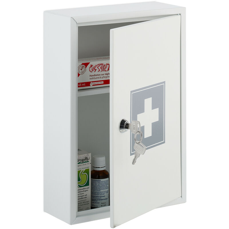 Medizinschrank, abschließbar, 2 Fächer, HxBxT: 32x21,5x8 cm, für Medikamente, Arzneischrank hängend, weiß/grau - Relaxdays