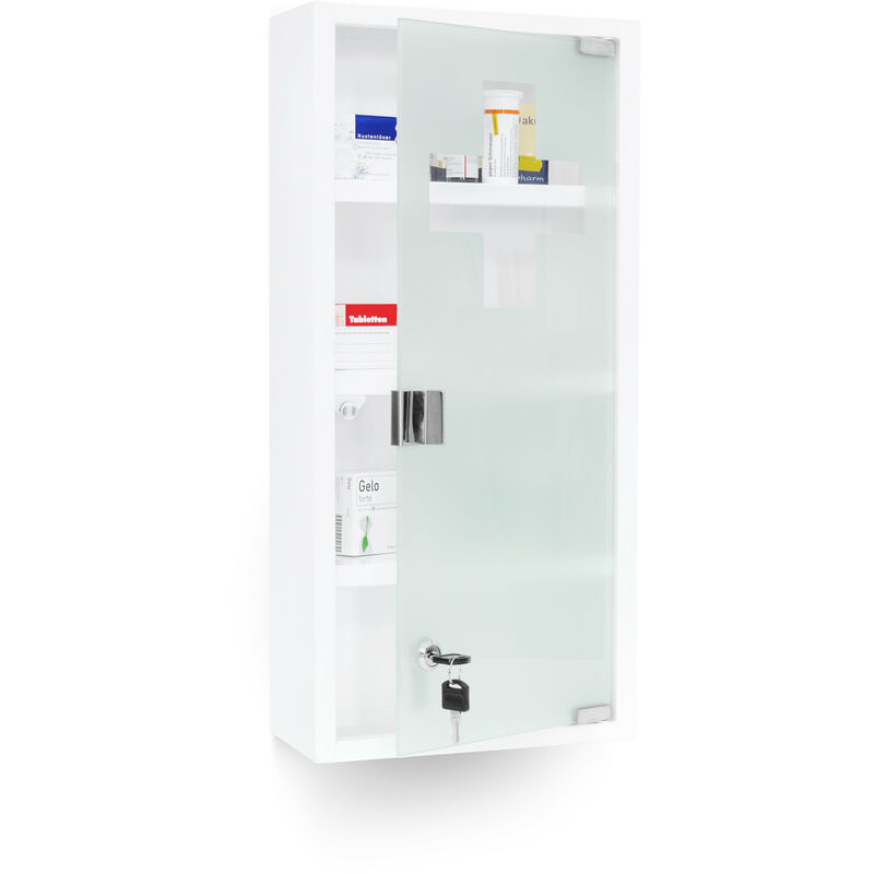 Medizinschrank emergency xxl, Metall & Glas, HxBxT:57x27x12cm, 4 Ablagen, Apothekerschrank, weiß - Relaxdays