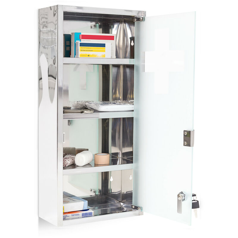 Medizinschrank, HxBxT: 57 x 27 x 12 cm, 4 Ablagen, Metall, Milchglas, abschließbarer Apothekerschrank, silber - Relaxdays