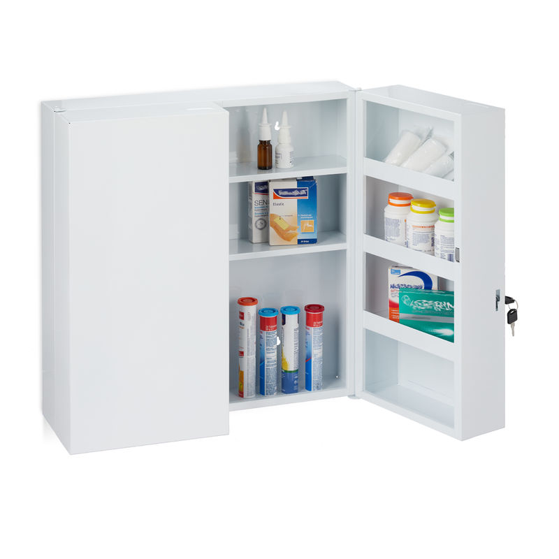 Medizinschrank xxl, 2-türiger Medikamentenschrank, Stahl, 11 Fächer, abschließbar, 53 x 52,5 x 19,5 cm, weiß - Relaxdays
