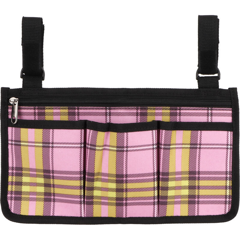 Mehrzweck-Rollstuhltasche, mehrere Fächer für Zubehör, Snacks und persönliche Gegenstände, rot-kariertes Stoffdesign