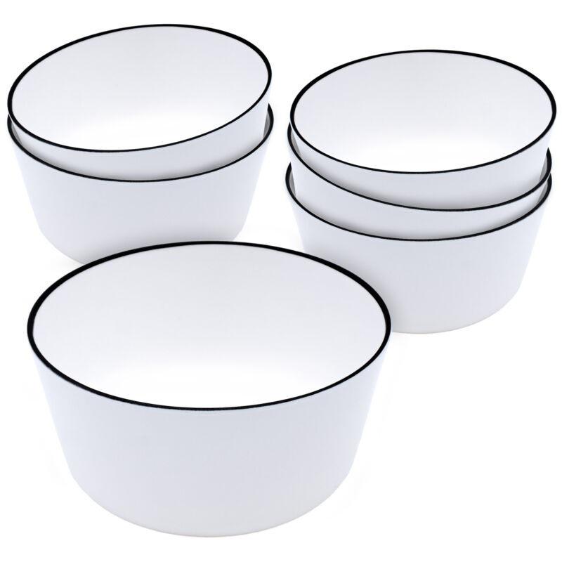 Melamin Müslischale 6er Set weiß mit schwarzem Rand - 700 ml - Salatschüssel aus Kunststoff für Camping und Picknick - Camping Geschirr für 4