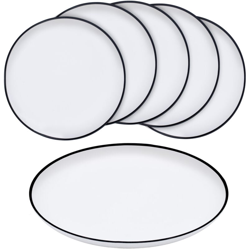 Melamin Teller 6er Set weiß mit schwarzem Rand - Ø 21 cm / klein - Camping und Picknick Kuchenteller aus Kunststoff - Camping Geschirr für 4 Personen