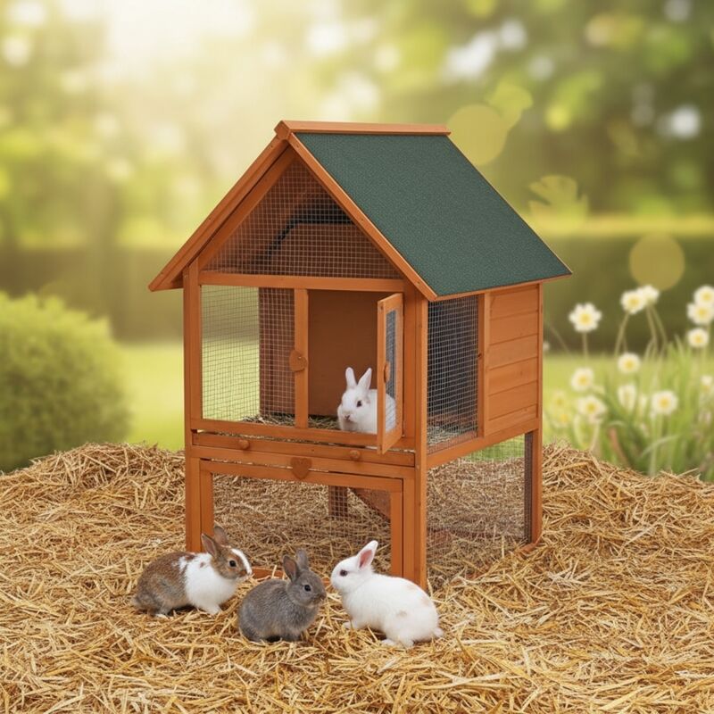 Kleintierhaus xxl Hasenstall mit Freilaufgehege, ca. 121 x 80 x 96 cm, aus Holz, Inkl. 1 Rampe + 1 Schublade - Melko