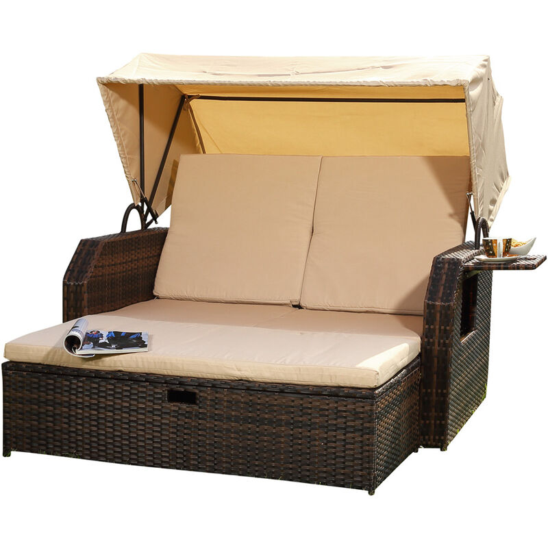 Melko - Liegebett Polyrattan Braun Sonneninsel Gartenliege Rattanbett Sonnenliege Sofa