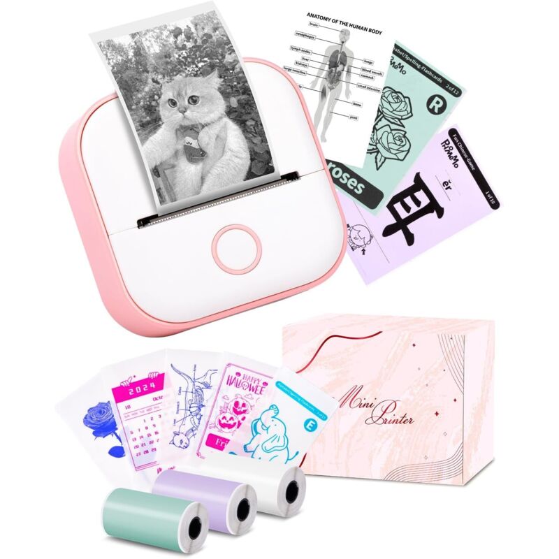 Memoking Mini-Etikettendrucker – T02, kleiner tragbarer Drucker, Lernaufkleberdrucker, Notizen, Bilder, Fotos, Tagebuch, DIY, kompatibles Telefon,