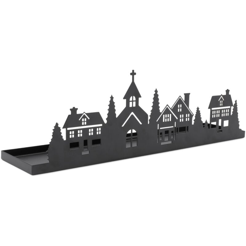 Spetebo - Metall Kerzentablett Häuserzeile schwarz - 35 x 10 cm - Deko Tablett mit Weihnachtsdorf Silhouette - Weihnachten Advent Winterstadt Kerzen