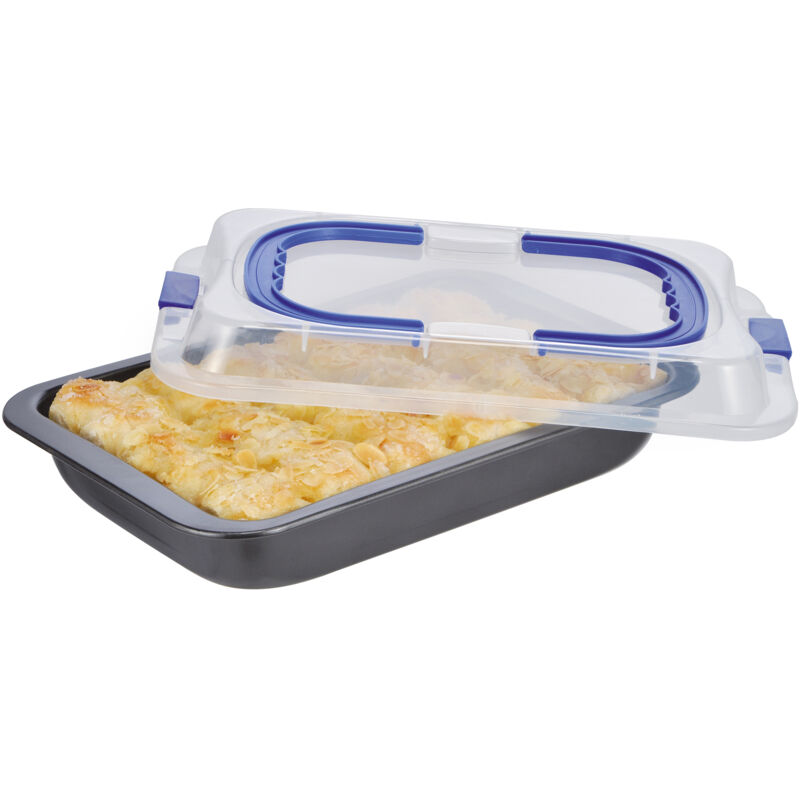 Metall Kuchenform mit Deckel und Tragegriff - 37 x 25 cm - Backform mit Kunststoff Abdeckung - Kuchen Torten Auflauf Back Form Transport Box Party