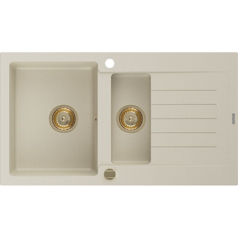 Mexen Matias 1,5-Becken-Granitspüle mit Abtropffläche 900 x 505 mm, Beige, Siphon Gold - 6502901505-
