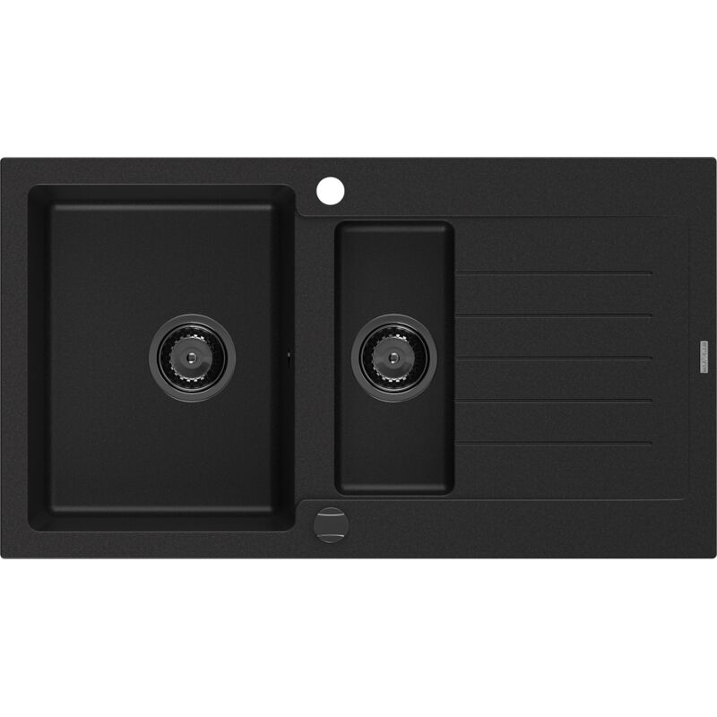 Matias 1,5-Becken-Granitspüle mit Abtropffläche 900 x 505 mm, Schwarz, Siphon Schwarz - 650290 - Mexen