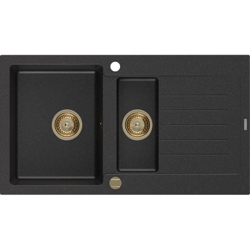 Mexen Matias 1,5-Becken-Granitspüle mit Abtropffläche 900 x 505 mm, Schwarz/Silbermetallic, Siphon G