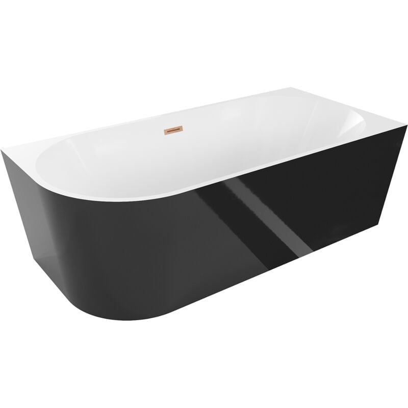 Mia Eckbadewanne freistehend rechts 150 x 75 cm, weiß/schwarz, Abfluss aus gebürstetem Kupfer - Mexen