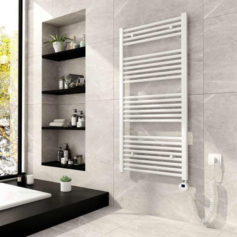 Badheizkörper elektrisch 600x1200mm Weiß handtuchtrockner bad elektrisch mit 600W thermostat, Handtuchheizkörper mit Heizstab und timer - Meykoers