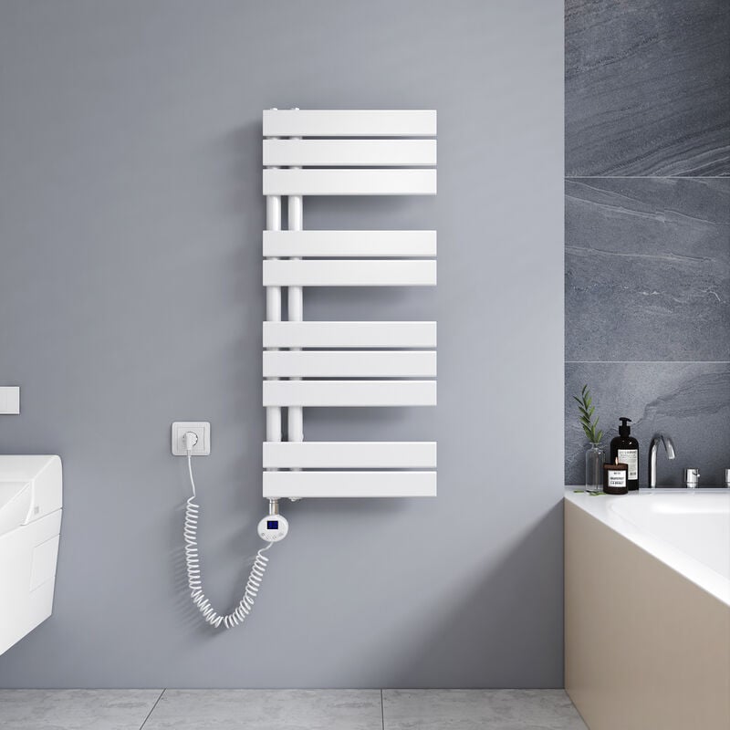 Badheizkörper Elektrisch mit Heizstab, Elektrisch Handtuchheizkörper mit Temperatureinstellung Und Timer, 899 x 400mm Weiß Handtuchtrockner - Meykoers