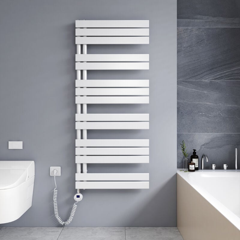 Meykoers Badheizkörper Elektrisch mit Heizstab, Elektrisch Handtuchheizkörper mit Temperatureinstellung Und Timer, 1385 x 600mm Weiß Handtuchtrockner