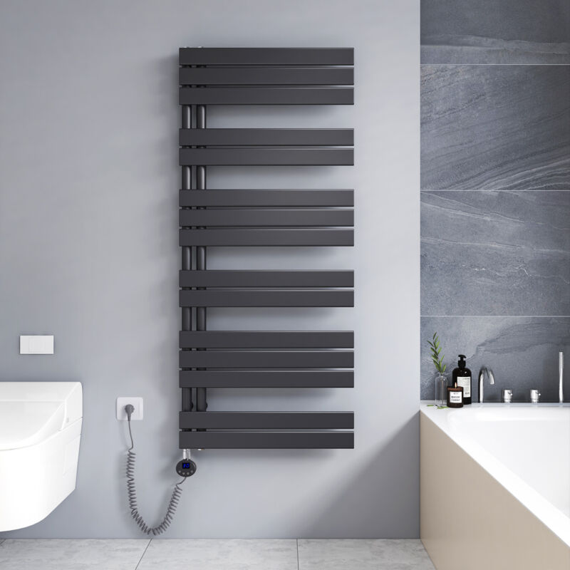 Badheizkörper Elektrisch mit Heizstab, Elektrisch Handtuchheizkörper mit Temperatureinstellung Und Timer, 1385 x 600mm Anthrazit Handtuchtrockner