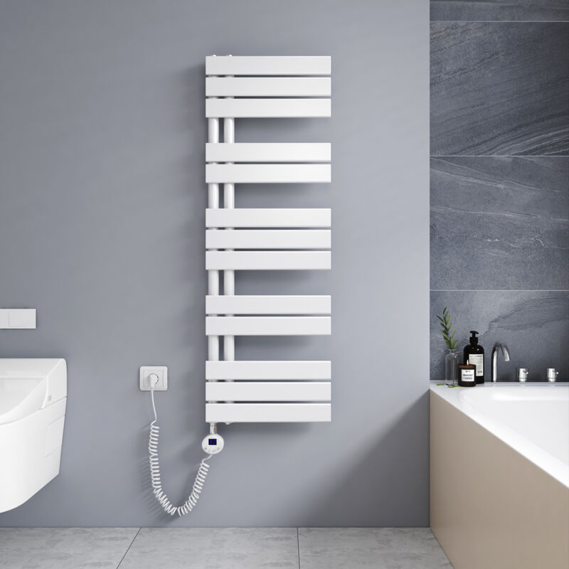 Badheizkörper Elektrisch mit Heizstab, Elektrisch Handtuchheizkörper mit Temperatureinstellung Und Timer, 1176 x 400mm Weiß Handtuchtrockner