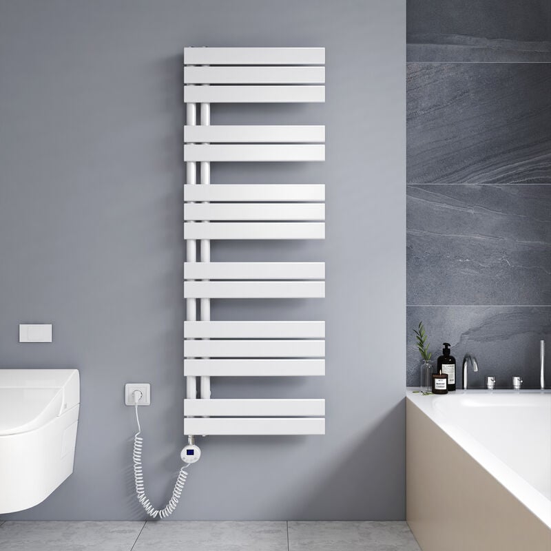 Badheizkörper Elektrisch mit Heizstab, Elektrisch Handtuchheizkörper mit Temperatureinstellung Und Timer, 1385 x 500mm Weiß Handtuchtrockner