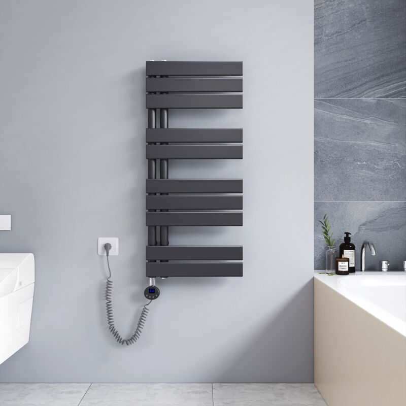 Badheizkörper Elektrisch mit Heizstab, Elektrisch Handtuchheizkörper mit Temperatureinstellung Und Timer, 899 x 400mm Anthrazit Handtuchtrockner