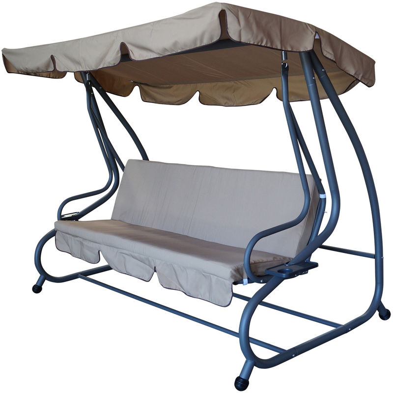 Miami: xxl Hollywoodschaukel 4-sitzer, Stahlgestell grau, Bezüge creme, Umklappbar als Liegebett 190x100cm + Schutzhülle aus Polyethylen