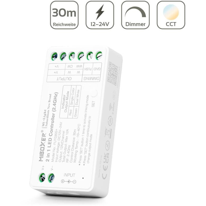 MiBoxer CCT LED Controller 2 in 1 Einfarbig / Dual White 2 Kanal 12/24V LED Strip Panel Steuerung FUT035S+