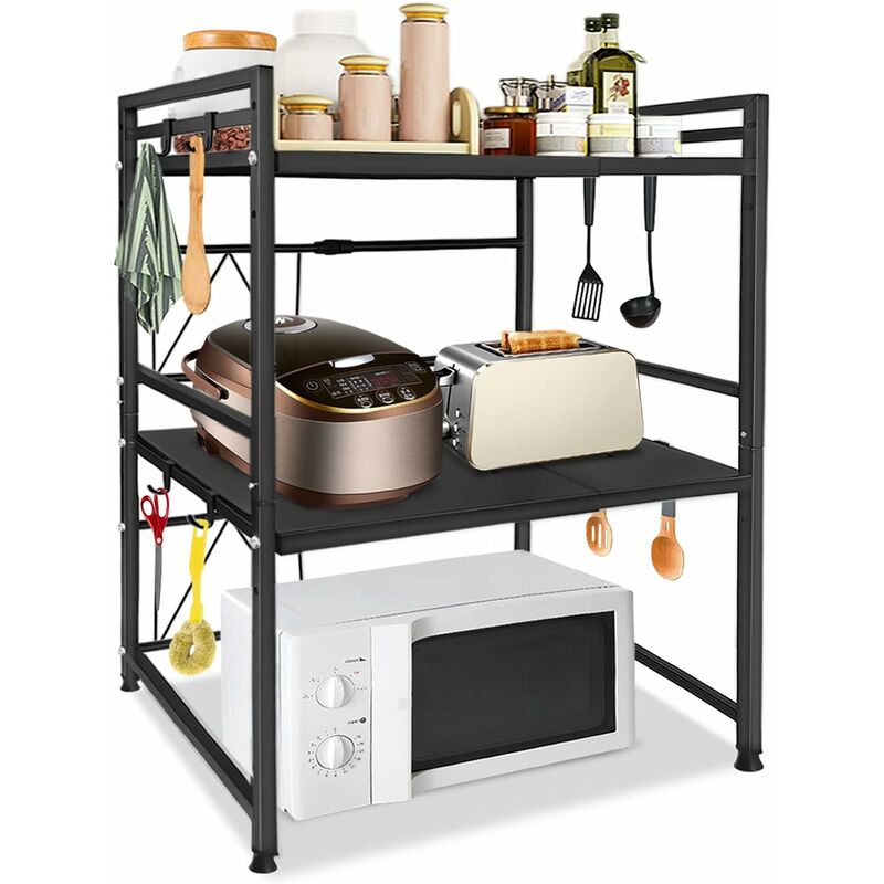 Mikrowellen Regal 3-stufiges Erweiterbares Regal Küche Mikrowellenregal Standregal mit 3 Haken Küchenregal Organizer Schwarz Naizy