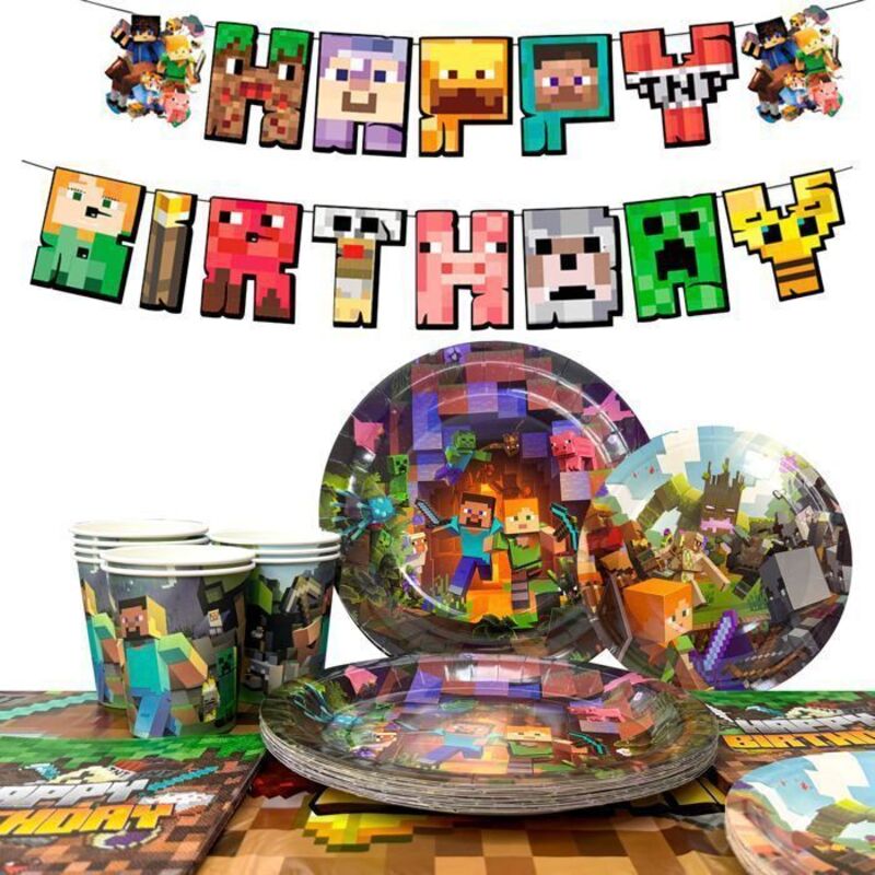 Geburtstagsdekoration - INBOXXARTY - Minecraft Geschirrset - 66 Teile - Mehrfarbig - Kinder