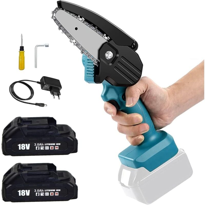 Mini 4 Zoll Kettensäge, Batterie Kettensäge, kleine tragbare Einhand-Kettensäge für Garten, Holz und Gartenschere (2 x 3.0 Akku und
