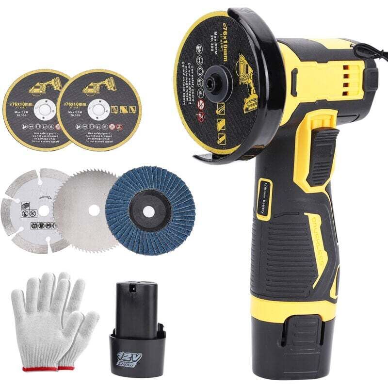 KZQ - Mini-Akku-Schleifgerät, 76 mm Mini-Akku-Winkelschleifer, Akku-Winkelschleifer mit Ladegerät und 2 Akkus, 19500 U/min, 6 Trennscheiben zum