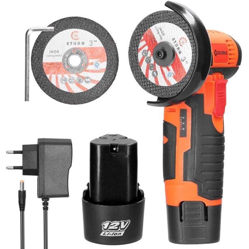 KZQ - Mini-Akku-Schleifgerät, 76 mm Mini-Akku-Winkelschleifer, Akku-Winkelschleifer mit Ladegerät und 2 Akkus 2000 mAh, 19500 U/min, 2 Trennscheiben