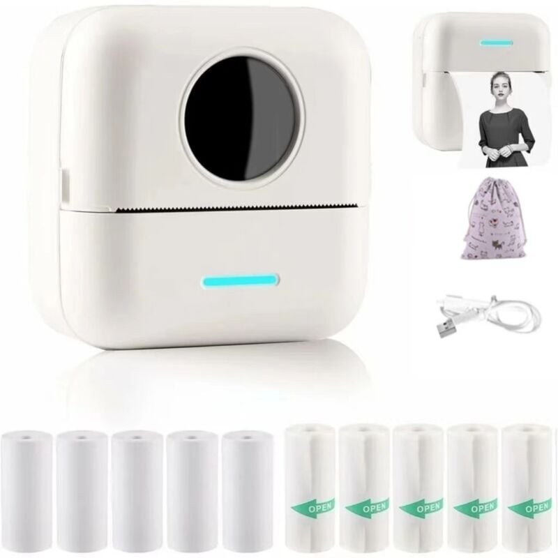 Mini-Drucker und Etikettendrucker, tragbarer Fotodrucker, kabelloser Sofortbilddrucker, kabelloser Thermodrucker, mit 5 Rollen Druckpapier für Fotos,