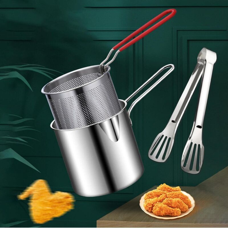 Mini-Fritteuse aus Edelstahl, kleine, preisgünstige Fritteuse mit Sieb, tiefer Ölabscheider zum Frittieren von Hähnchenschenkeln und Pommes frites