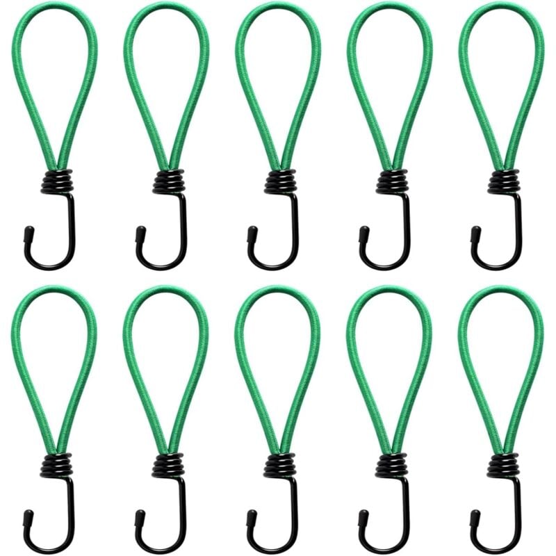 Mini-Gummiseil mit Haken – 10er-Pack robuste Gummiseile, 7 Zoll lange Gummiseilhaken für Camping, Planen, Zelte, Wandern, Jagen, LKWs und Boote (Grün)