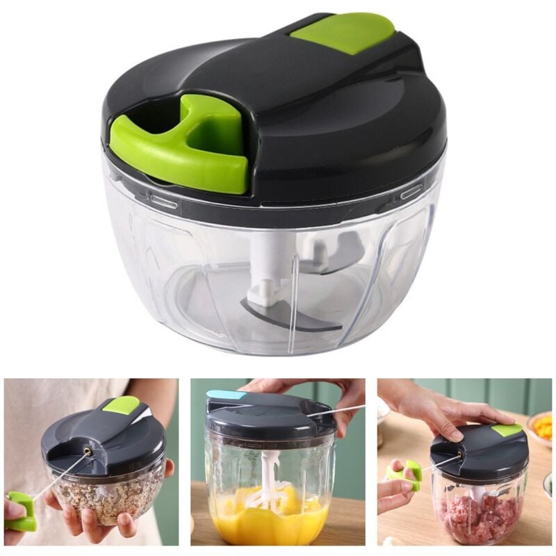 Coocheer - Mini-Handzerkleinerer mit Schnur-Handmixer, manueller Zwiebelschneider für Zwiebeln, Knoblauch, Fleisch, Gemüse, graugrün, 520 ml