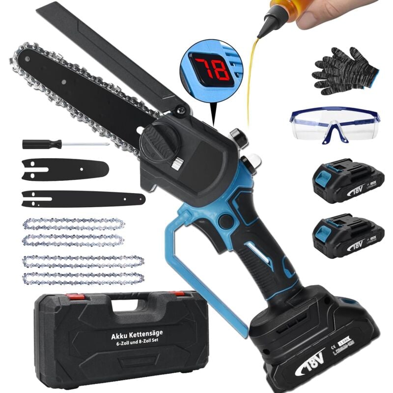 Mini Kettensäge mit Akku 4000mAh, 8 Zoll and 6 Zoll Mini Kettensäge mit 2 Akku, Bürstenloser Motor Handkettensäge mit Gehärtete Legierungsketten und